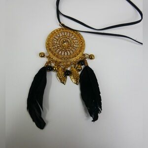 Boho Bohemian Sweater Necklace Gold Tone With Black Feather Accents Black Rope